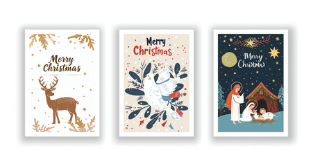 Fototapeta na wymiar Hand-Drawn Christmas Greetings, Cute Flyers and Postcards with Minimalist Christmas elf, Dove, Nativity Scene Background
