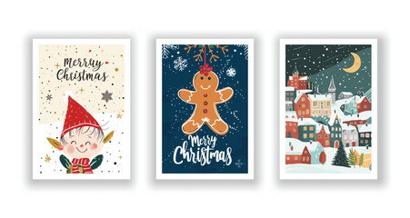 Hand-Drawn Christmas Greetings, Cute Flyers and Postcards with Minimalist Christmas elf, Village, Ginger man Background