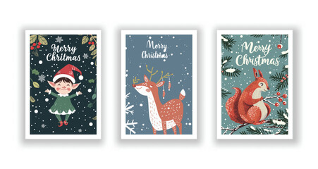 Hand-Drawn Christmas Greetings, Cute Flyers and Postcards with Minimalist Christmas elf, Squirrel, Reindeer Background