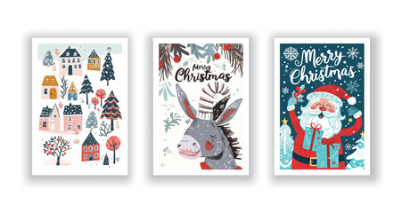 Hand-Drawn Christmas Greetings, Cute Flyers and Postcards with Minimalist Donkey, Village, Santa Claus Background