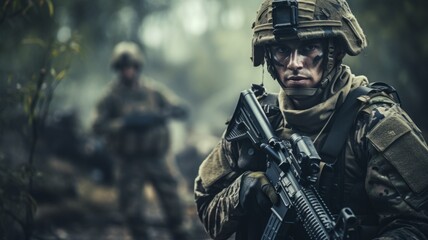 Soldier in focus with comrade in background - Detailed capture of a focused soldier in camouflage with a firearm, comrade blurred in the background - obrazy, fototapety, plakaty