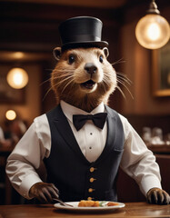 anthropomorphic beaver man in work uniform works as a waiter in a fashionable restaurant