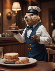 anthropomorphic beaver man in work uniform works as a waiter in a fashionable restaurant - obrazy, fototapety, plakaty