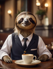 anthropomorphic man sloth in work uniform works as a waiter in a fashionable restaurant