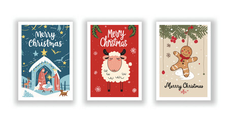 Hand-Drawn Christmas Greetings, Cute Flyers and Postcards with Minimalist Nativity Scene, Ginger man, Sheep Background