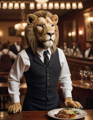 anthropomorphic man lion in work uniform works as a waiter in a fashionable restaurant