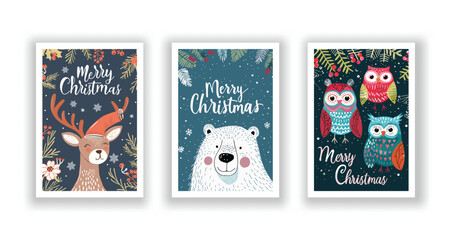 Hand-Drawn Christmas Greetings, Cute Flyers and Postcards with Minimalist Polar bears, Reindeer, Owl Background