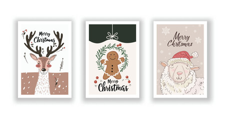 Hand-Drawn Christmas Greetings, Cute Flyers and Postcards with Minimalist Reindeer, Sheep, Ginger man Background