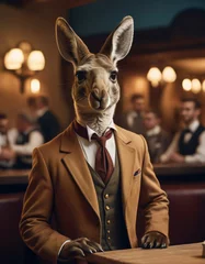 Fotobehang anthropomorphic kangaroo man in work uniform works as a waiter in a fashionable restaurant © BoTanya