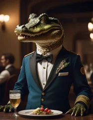 Poster anthropomorphic crocodile man in work uniform works as a waiter in a fashionable restaurant © BoTanya