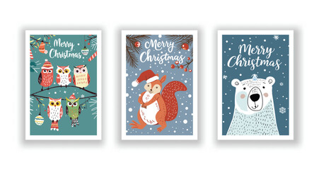 Hand-Drawn Christmas Greetings, Cute Flyers and Postcards with Minimalist Squirrel, Polar bears, Owl Background