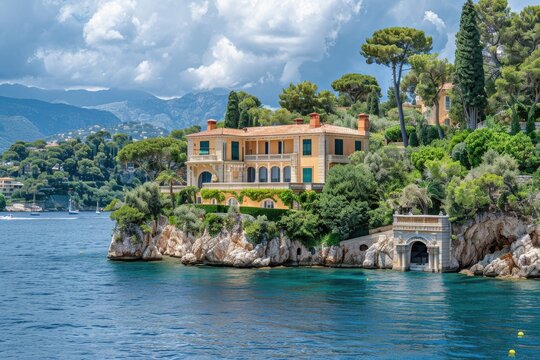 Magnificent home situated on the calm waters. Generative Ai