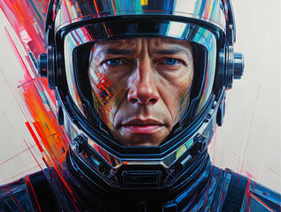 Apprehensive male rider in advanced space suit helmet with glitchy effects