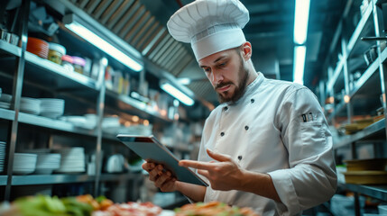 Professional Chef Using Tablet in Commercial Kitchen