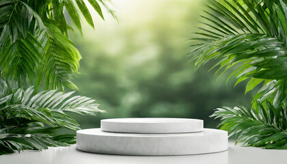 Botanical Elevation: 3D Render of White Podium Featuring Nature Leaves
