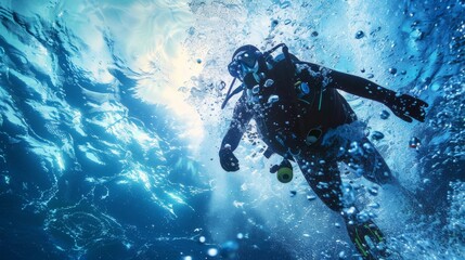 Underwater Scuba Diver with Sunlight Filtering Through - obrazy, fototapety, plakaty