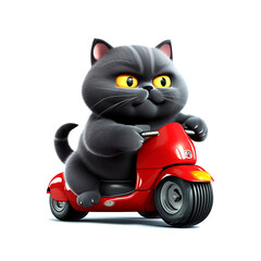 Cute cartoon cat driver. A prankish cat driving a motor scooter. AI generated.