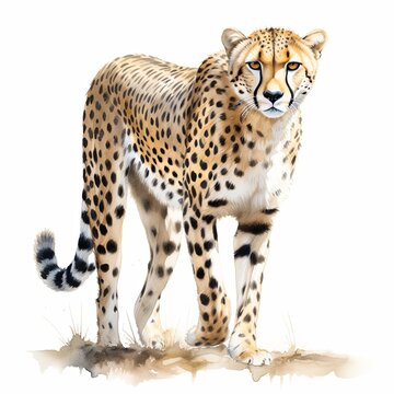 A standing cheetah watercolor clipart illustration on white background