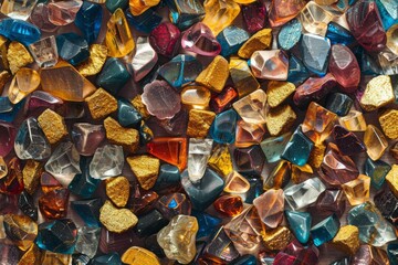 Background of small colors stones. shiny gold and glass.