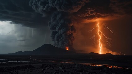 Volcanic Lightning Amidst Fiery Eruption