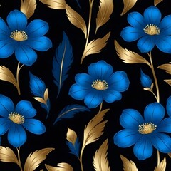 blue flowers on black background with gold leaves