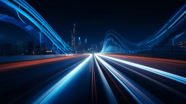 Motion blurred blue bridge at night
