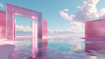 A metallic pink square portal in the middle of the clear river that connected to the ocean that surrounded with a pile of the pink sand and pink desert under the cloudy sky in the sunny day. AIGX03. - obrazy, fototapety, plakaty