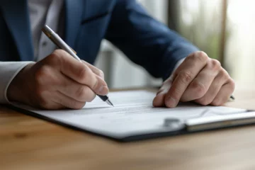 Fotobehang Focused young businessman signing agreement with skilled lawyer in eyeglasses. Concentrated financial advisor showing place for signature on paper contract document to male client at meeting in office © Zoraiz