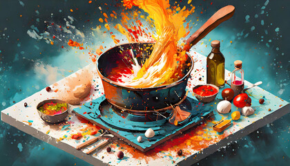 Abstract exploding photon Isometric view of cooking acrylic paint. - obrazy, fototapety, plakaty