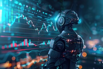 Trading the idea of a robot with a stock market graph. Generative Ai - obrazy, fototapety, plakaty
