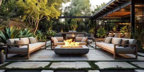 An elegant, roomy outdoor area with chic seating and a fire pit, Generative AI  - obrazy, fototapety, plakaty