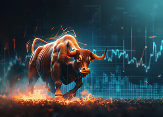 modern wallpaper, the stock market chart going up with an orange bull charging forward in front of it, cinematic lighting, dark background blue color gradient, Generative AI