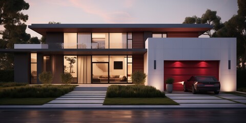 A minimalist exterior adorned with bold ruby accents, exuding modern sophistication and curb appeal.