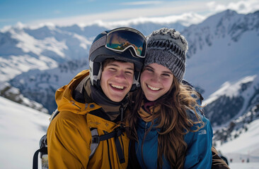 Fototapeta na wymiar A young couple posing for the camera, holding their snowboards and goggles against an alpine backdrop, smiling at the viewer with big smiles on a sunny day.