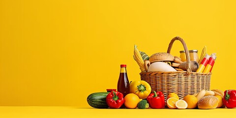 Yellow Background with a Wicker basket filled with various food items from the Supermarket, Generative AI 