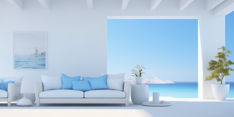 A minimalist interior adorned with serene sky blue and crisp white tones, evoking a sense of tranquil sophistication.