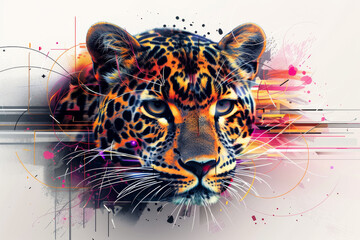 A leopard's face illustrated with pop art style splashes, dots, and graphical lines,ai generated