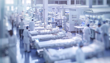 Blurred background of a busy hospital ward with doctors and nurses working around beds filled with medical equipment