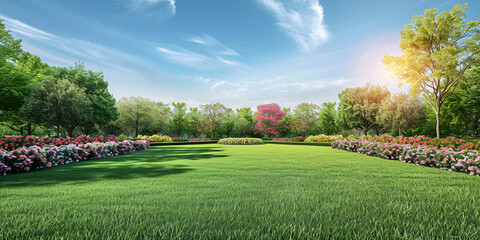 landscape garden design with green manicured lawn, beautiful flower beds and path at park - obrazy, fototapety, plakaty