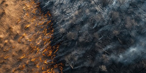 Aerial perspective of forest and field fire aftermath, showing burnt ground and black ash layer, shot from low height with downward view, Generative AI 