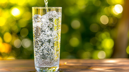 Crisp, clear water fills a glass, embodying purity and essential hydration. - obrazy, fototapety, plakaty
