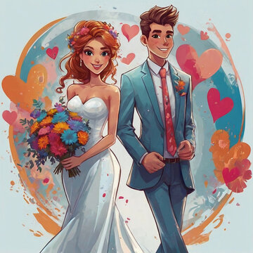 Bride and groom wedding illustration 
