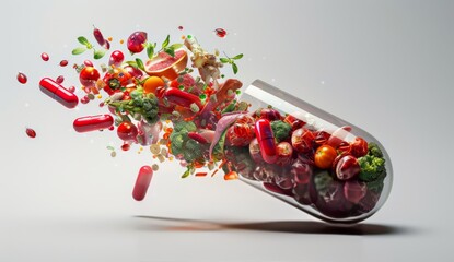 B12 supplement capsules alongside natural sources of the vitamin, including fresh cuts of meat and green broccoli, illustrating organic and nutritional options for health.