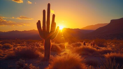 Towering cactus set against the golden hues of a desert sunset.
 - obrazy, fototapety, plakaty