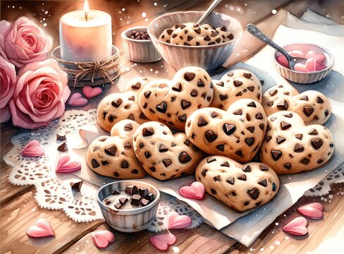 Watercolor Painting of Cookie Dough Hearts, in Valentine's Day Theme