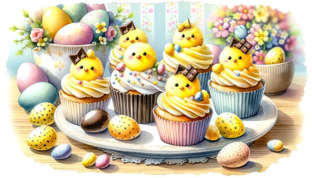 Watercolor Painting of Easter Chick Cupcakes, in Easter Day Theme.