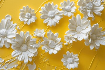 Whimsical abstract daisy motifs, resembling delicate sugar sculptures, dance across a backdrop of lemon yellow, evoking a sense of playful culinary delight.