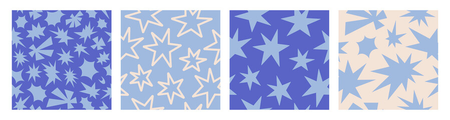 Set monochrome seamless patterns with simple groovy stars. Colorful kids print, printable childish texture for wallpaper, fabric, textile, wrapping paper. Blue and beige colors. Vector illustration