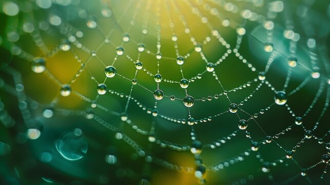 Water drops rain dew close-up macro on spiderweb.