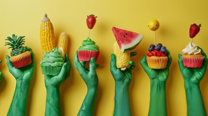 Surreal showcase of American summer food, green hands against yellow backdrop holding festive treats